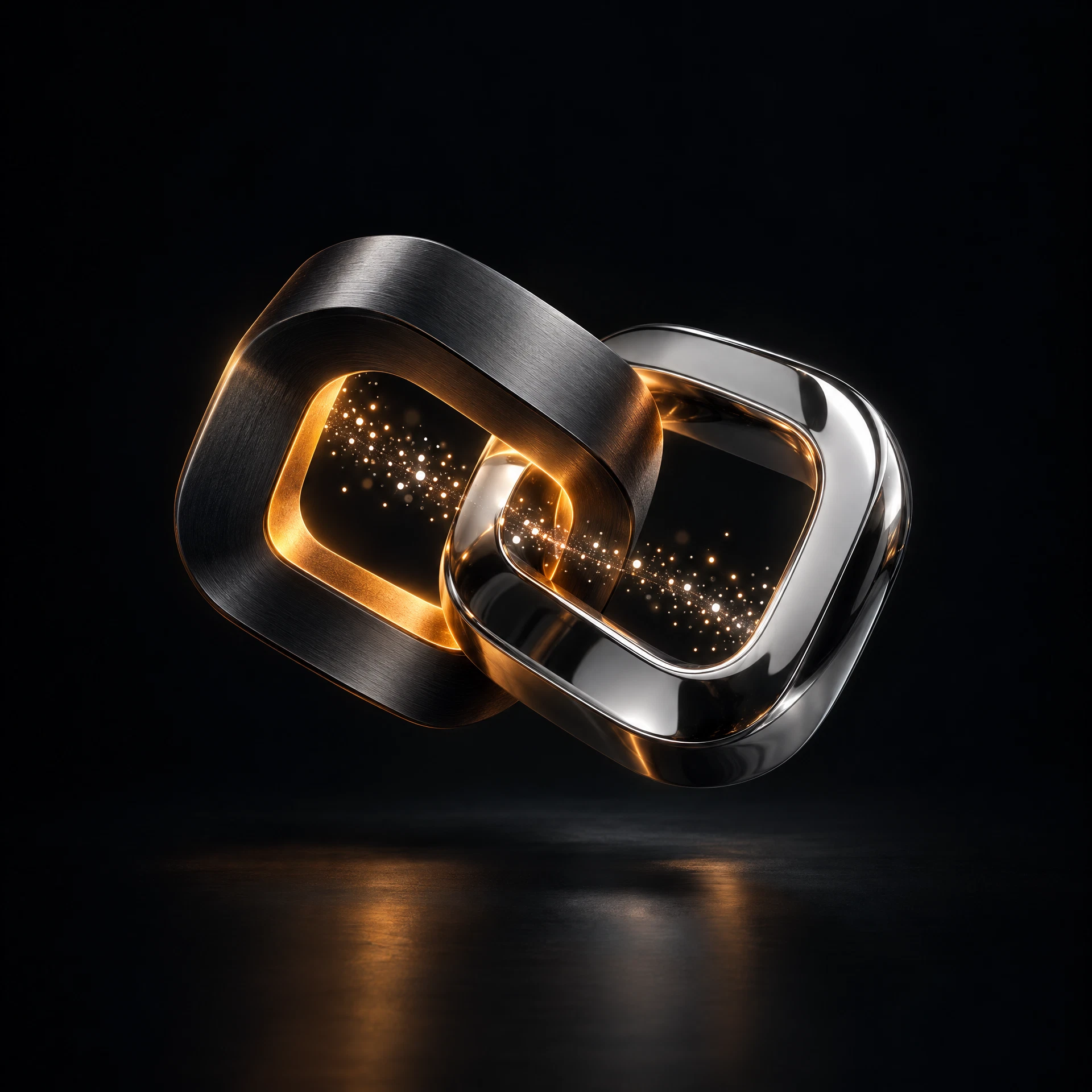 Two connected metallic frames with an amber glow